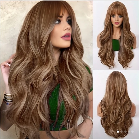 Elegant Brown Wavy Full Pullover Wig with Bangs - Picture 4 of 6